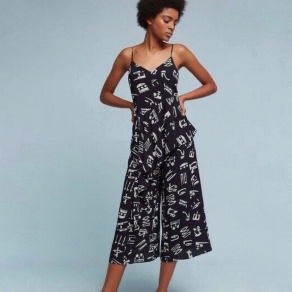 Anthropologie Maeve Black Day Trip Cropped Wide Leg Printed Jumpsuit, Size 12